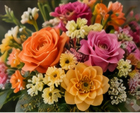Illustrative orange, golden and pink flowers