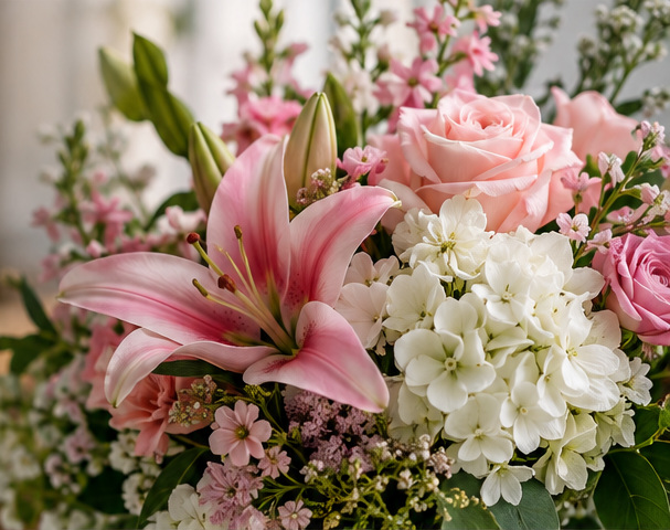 Illustrative pink lilies, garden roses and white hydrangea