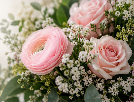 Illustrative soft pink blooms, roses and white flowers